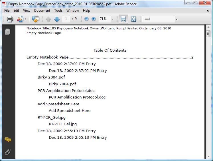 Printed copy table of contents